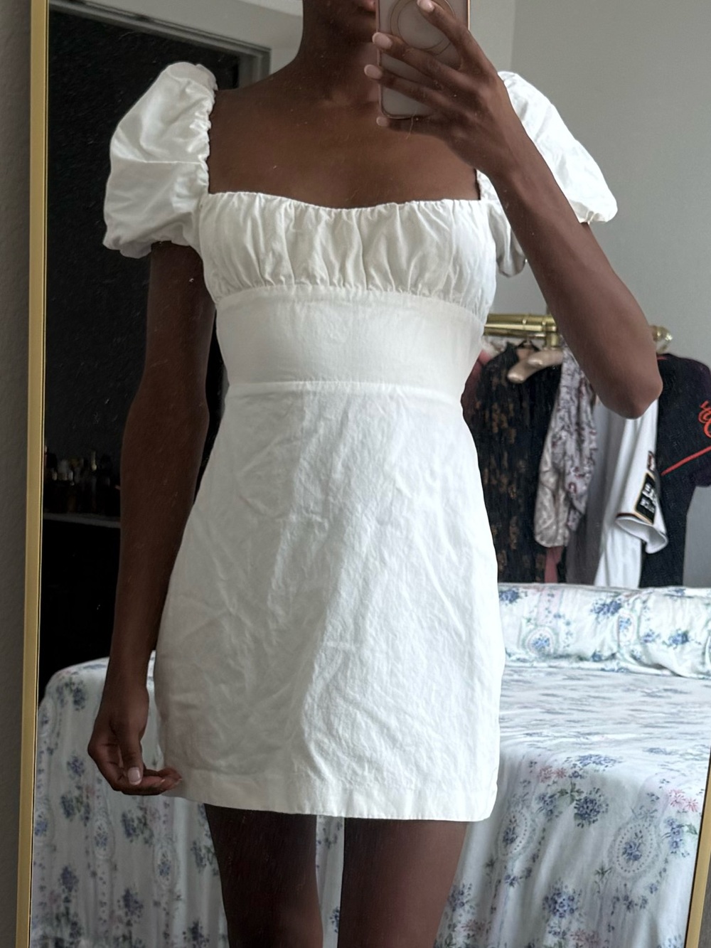 Zara White Puff-Sleeve Square-Neck Mini Dress